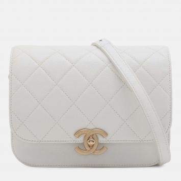 Pre Owned Chanel White CC Quilted Caviar Flap Crossbody