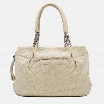 Pre Owned Chanel White CC Quilted Caviar Expandable Tote