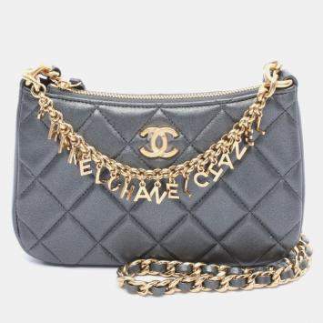 Pre Owned Chanel Matelasse Coco Mark Shoulder Bag Lambskin Leather Gray