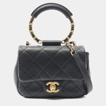 Pre Owned Chanel Top Handle Matelasse Shoulder Bag In Lambskin Leather Black