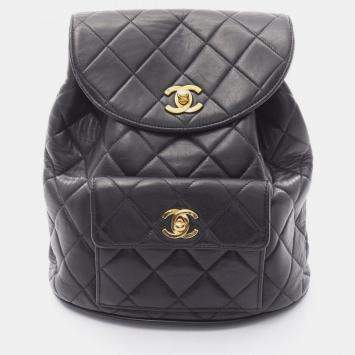 Pre Owned Chanel Matelasse Backpack Bag In Lambskin Leather Black