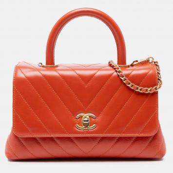 Pre Owned Chanel Orange Mini Chevron Lambskin Coco Top Handle Bag