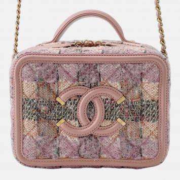 Pre Owned Chanel Pink Small Tweed CC Filigree Vanity Case