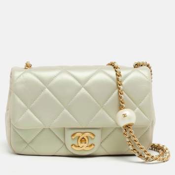 Pre Owned Chanel Green Iridescent Quilted Leather Mini Double Pearl Flap Bag