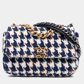 Pre Owned Chanel Navy Blue Medium Houndstooth Tweed 19 Flap