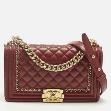 Pre Owned Chanel Red Quilted Leather Medium Chain Around Boy Flap Bag