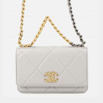 Pre Owned Chanel Chanel19 Chain Wallet Gray Lambskin