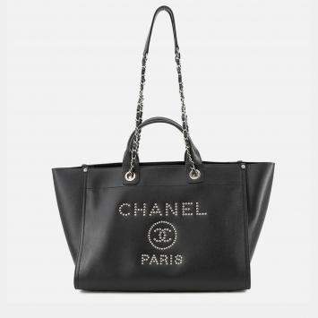 Pre Owned Chanel Deauville Studded Black Caviar Leather Size Large