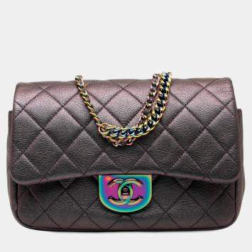 Pre Owned Chanel Purple Small Iridescent Goatskin Rainbow Hardware Double Carry Waist Chain Flap