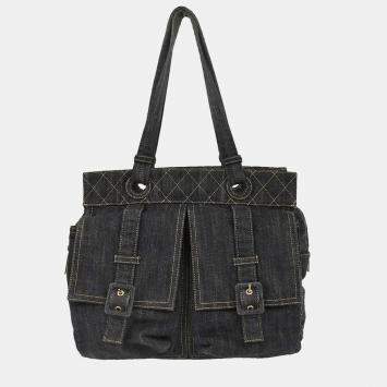 Pre Owned Chanel Navy Sparkling Denim Tote Handbag