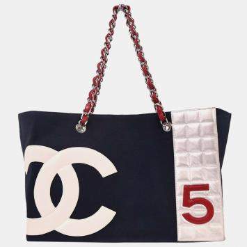 Pre Owned Chanel Navy Silver Canvas No.5 Choco Bar Tote Handbag