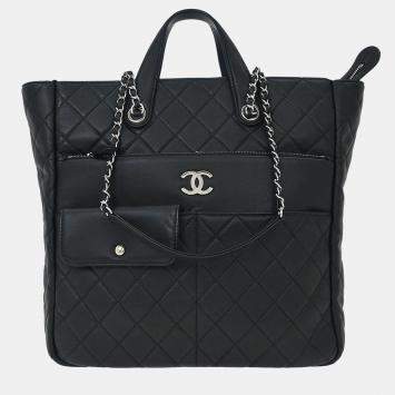 Pre Owned Chanel Black Lambskin Ultra Pocket Shopping Tote 2way Handbag