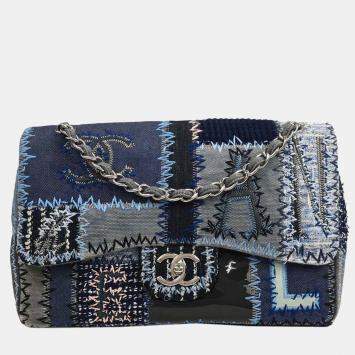Pre Owned Chanel Blue Tweed Tweed Single Flap Patchwork Shoulder Bag