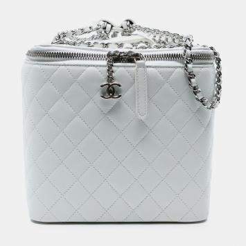 Pre Owned Chanel White Large Quilted Lambskin Top Handle Jewelry Box With Chain