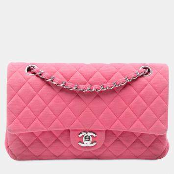 Pre Owned Chanel Pink Medium Classic Jersey Double Flap