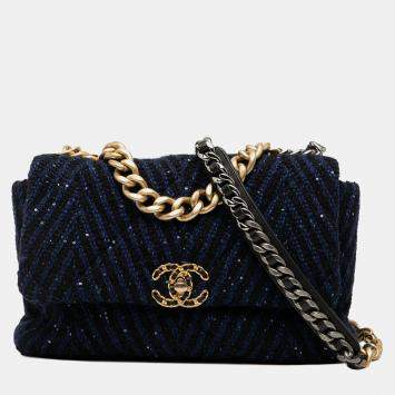 Pre Owned Chanel Blue Large Chevron Tweed Sequin 19 Flap