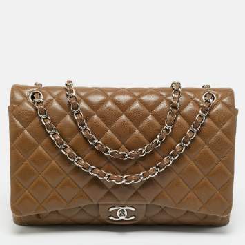 Pre Owned Chanel Brown Quilted Caviar Leather Maxi Classic Double Flap Bag