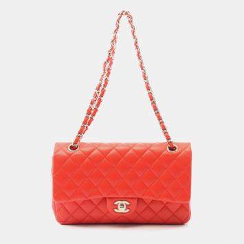 Pre Owned Chanel Classic Double Flap Medium Red Leather Shoulder Bag