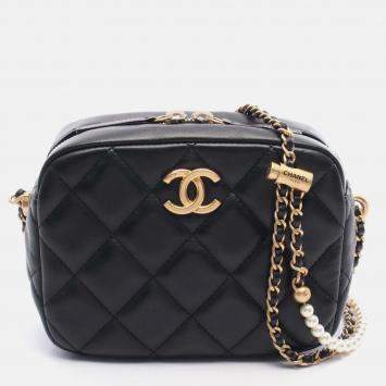 Pre Owned Chanel My Perfect Adjustable Small Quilted Lambskin with Pearls Chain Camera Bag