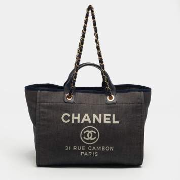 Pre Owned Chanel Navy Blue Denim Large Deauville Shopper Tote