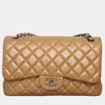 Pre Owned Chanel Brown Caviar Classic Jumbo Double Flap Bag