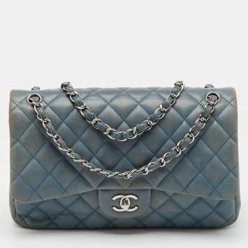 Pre Owned Chanel Blue Quilted Leather Jumbo Classic Double Flap Bag