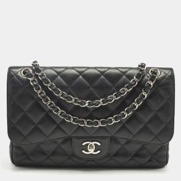 Pre Owned Chanel Black Quilted Caviar Leather Jumbo Classic Double Flap Bag