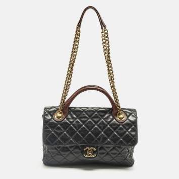 Pre Owned Chanel Black/Burgundy Quilted Glazed Leather Medium Castle Rock Top Handle Bag