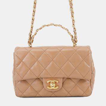 Pre Owned Chanel Matelasse Top Handle 2-Way Chain Shoulder Bag Beige Shiny Lambskin Size Small