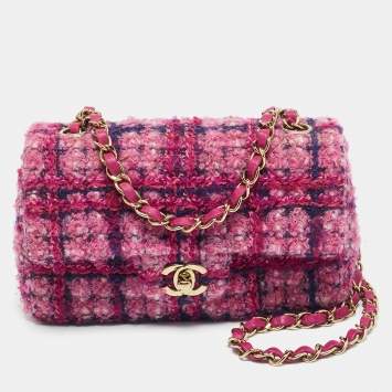 Pre Owned Chanel Pink Quilted Tweed Mini Classic Single Flap Bag
