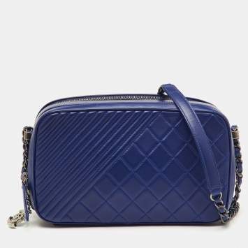 Pre Owned Chanel Navy Blue Quilted Leather Large Coco Boy Camera Case Bag