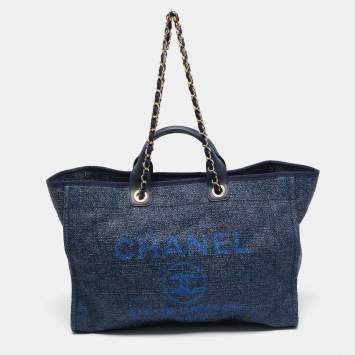 Pre Owned Chanel Navy Blue Straw and Lurex Fabric Large Deauville Shopper Tote