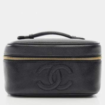 Pre Owned Chanel Coco Mark Vanity Handbag Leather Grained Calfskin Black