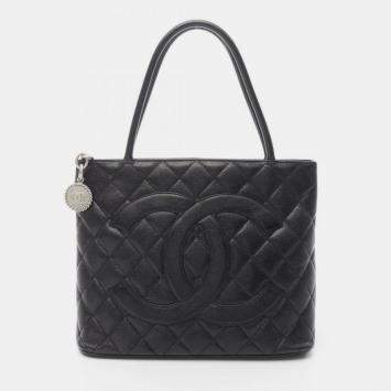 Pre Owned Chanel Medallion Tote Hand Bag Calfskin Leather Black