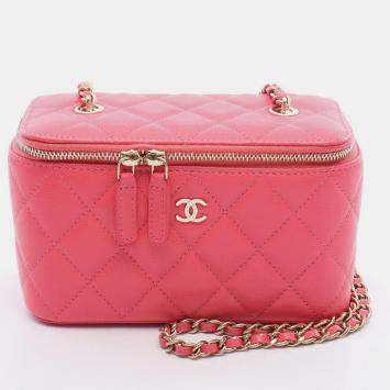 Pre Owned Chanel Matelasse Vanity Chain Shoulder Bag Calfskin Pink