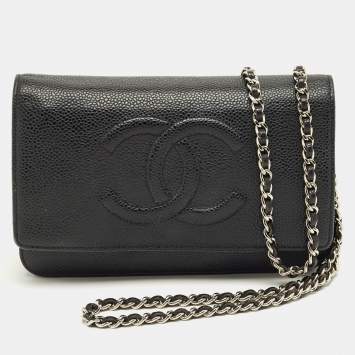 Pre Owned Chanel Black Caviar Leather CC Wallet On Chain