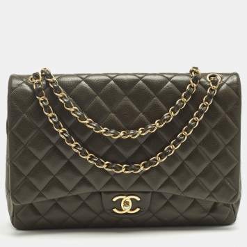 Pre Owned Chanel Classic Double Flap Maxi Green Quilted Caviar Leather Bag