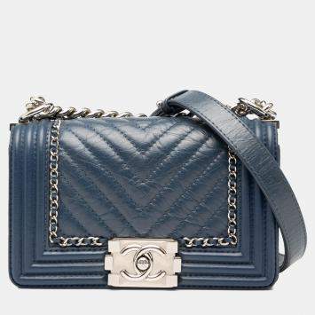 Pre Owned Chanel Navy Blue Small Chevron Aged Calfskin Jacket Boy Flap