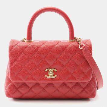 Pre Owned Chanel Matelasse Coco Handle Flap Red Calfskin Handbag 
