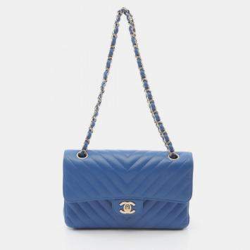 Pre Owned Chanel Chevron V-Stitch W-Flap Shoulder Bag Lambskin (Sheepskin) Blue