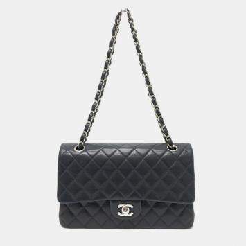 Pre Owned Chanel Matelasse 25 Double Chain Flap Shoulder Bag Lambskin Silver Hardware Black