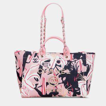 Pre Owned Chanel Deauville Tote Bag Handbag Pink Multicolor Velour Leather