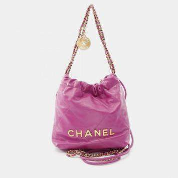 Pre Owned Chanel 22 Mini Shoulder Bag Leather Purple