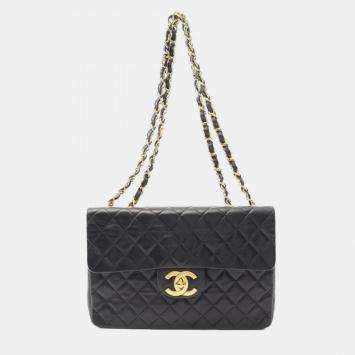 Pre Owned Chanel Deca Matelasse 34 Shoulder Bag Lambskin (Sheepskin) Black