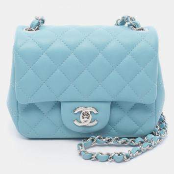 Pre Owned Chanel Mini Matelasse Shoulder Bag Lambskin Leather Blue