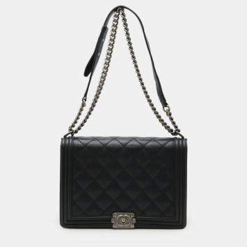 Pre Owned Chanel Boy Chanel 30 Large Matelasse Coco Mark Chain Bag Shoulder Calfskin Black