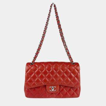 Pre Owned Chanel Matelasse Shoulder Bag With Double Flap Leather And Metallic Finish Red Silver