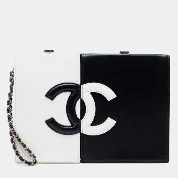 Pre Owned Chanel Black White CC Lambskin Split Clutch with Chain
