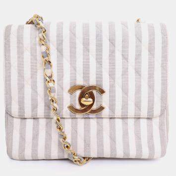 Pre Owned Chanel 1994-96 Grey/White Striped Chain Shoulder Bag