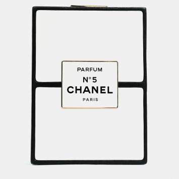 Pre Owned Chanel Black/White Leather No. 5 Perfume Clutch Evening Clutch